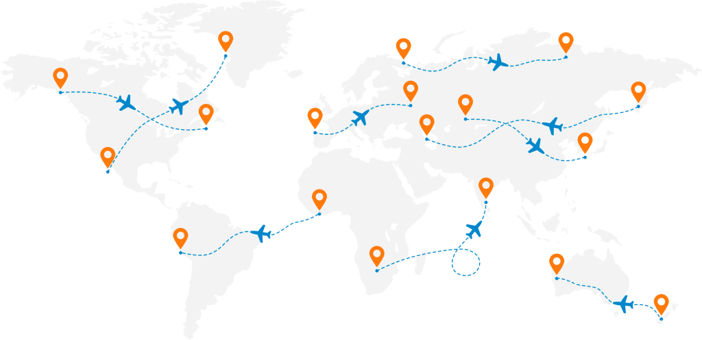 A map with many pin point locations on where planes are going